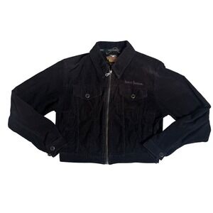 Harley Davidson Womens Black Corduroy Wing Logo Trucker Jacket Size S